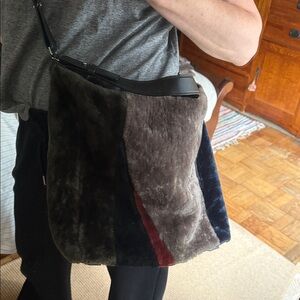 All Saints Elegant Faux Fur Shoulder Bag in Black, Brown, and Red